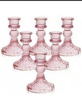 Set Of 6 Pink Jewel Glass Candlestick Holders Church Candle Table Decoration