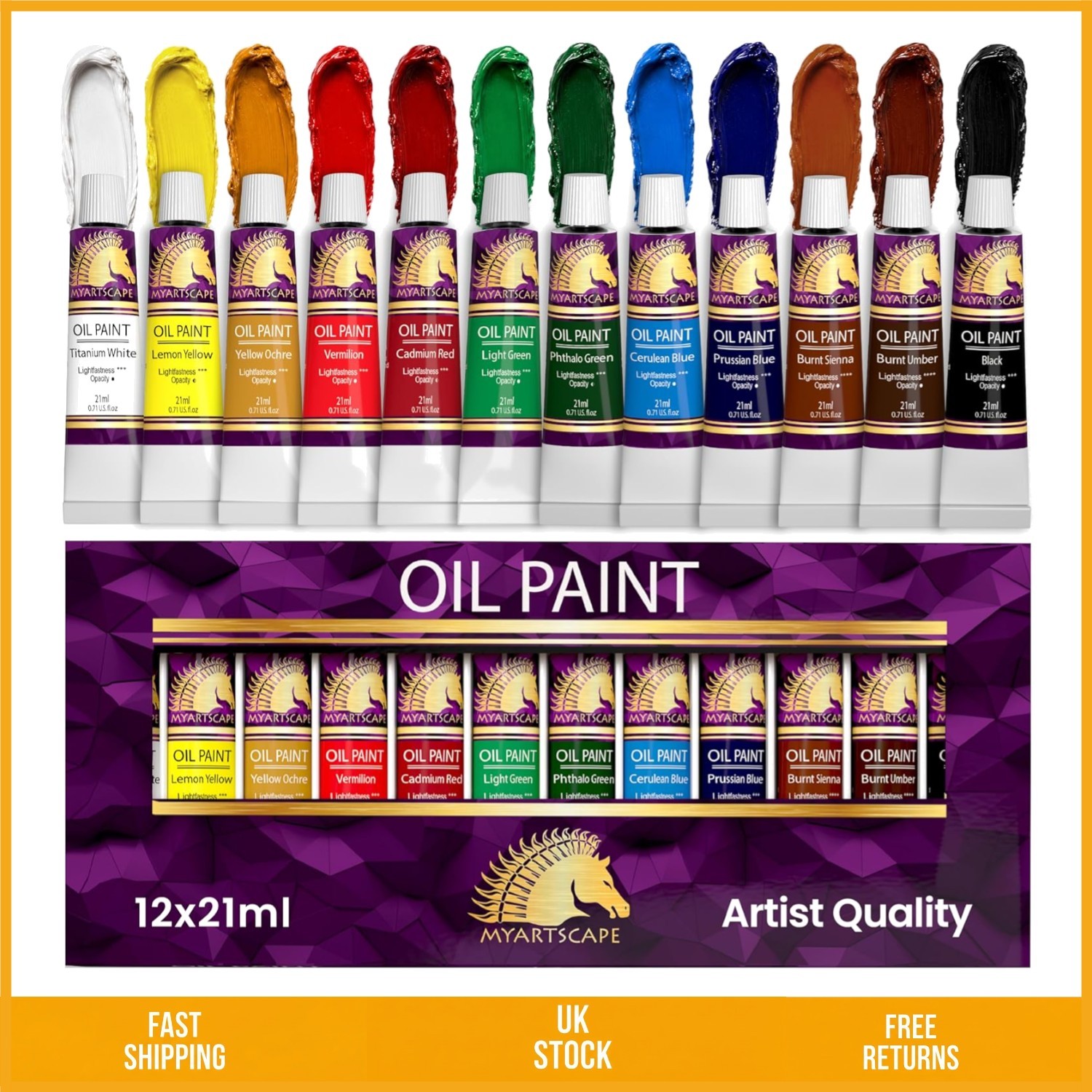Professional Vibrant Artist Oil Paint Set Rich Pigmented 21ml 12 Tubes