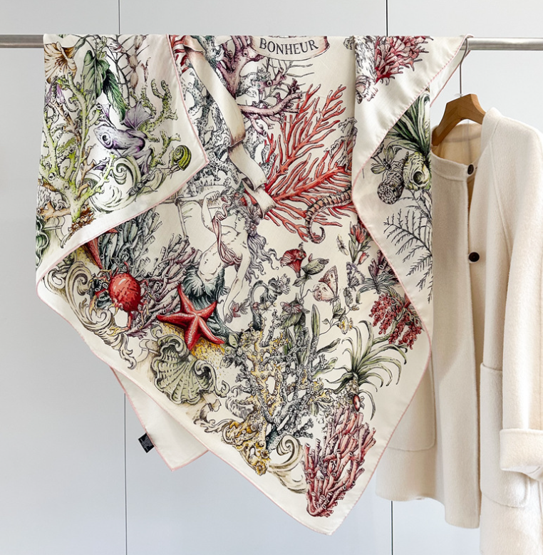 70% cashmere 30% silk Underwater World double side printed square Wrap shawl 53