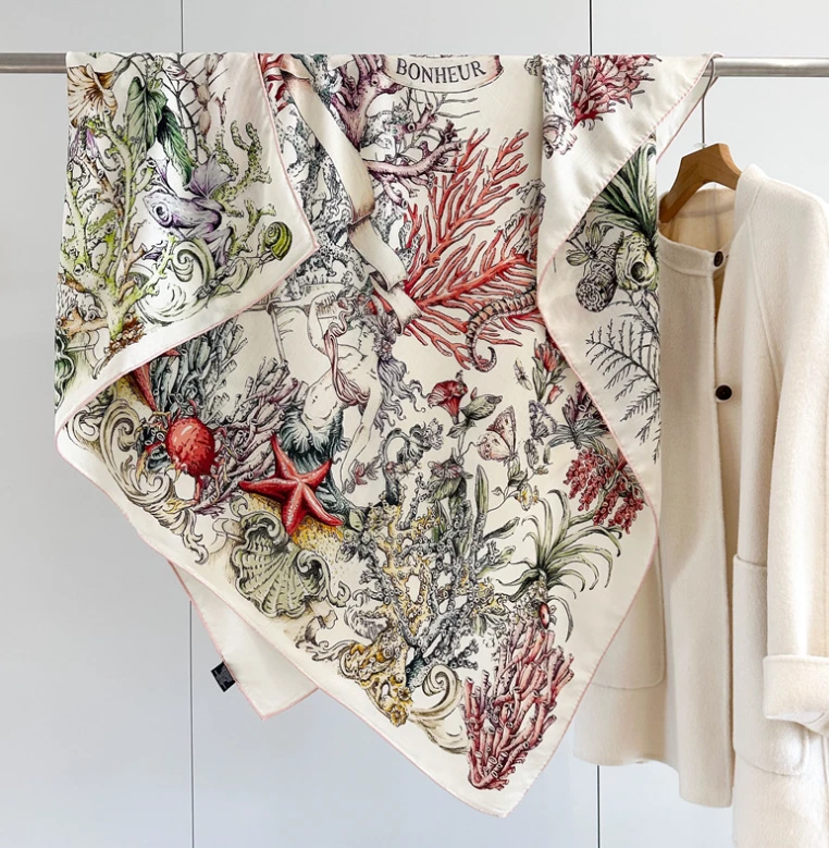 70% cashmere 30% silk Underwater World double side printed square Wrap shawl 53"