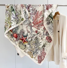 70% cashmere 30% silk Underwater World double side printed square Wrap shawl 53"