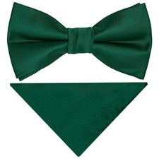 Plain Pre Tied Bottle Green Satin Boys Bow Tie and Pocket Square Set Age 4-7
