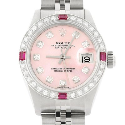 Rolex Datejust 18K Gold & SS Rosa Perlmutt Rubin Diamant Uhr 69174