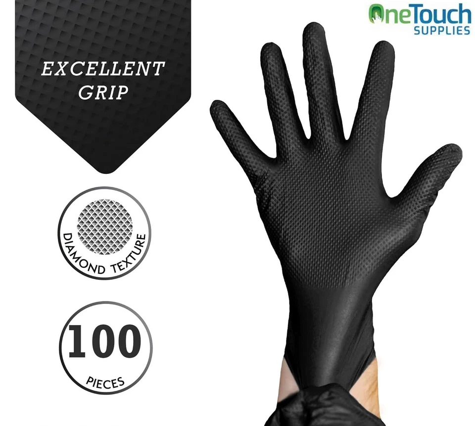 Disposable Black Extra Strong Thick Diamond Grip Nitrile Gloves Mechanic of 100 - Image 2 of 4