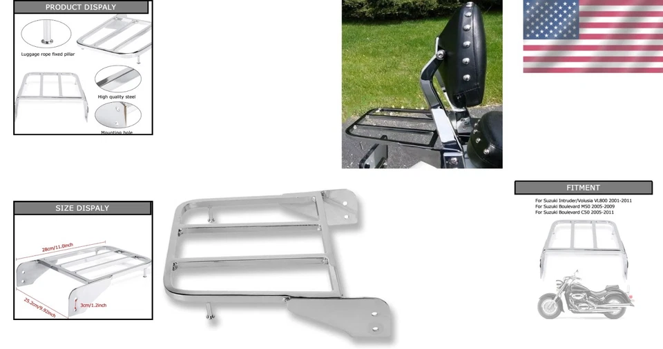 Motorcycle Solo Seat Sissy Bar Rear Luggage Rack Black Steel for Intruder Bou... Foto 2 de 4