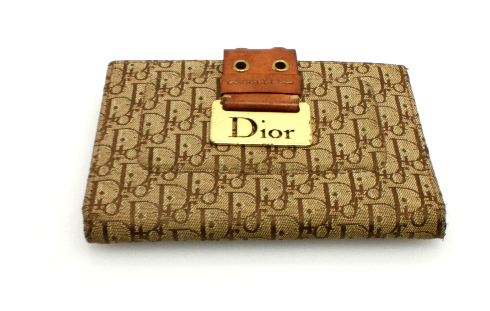 Portefeuille compact chic DIOR beige/marron toile oblique et cuir rue