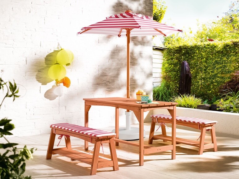 Wooden Picnic Table with Bench and Umbrella