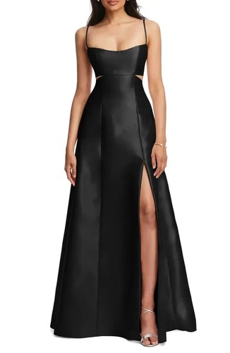 ALFRED SUNG D840 Negro Corpiño Corte Alta Hendidura Sweetheart Lux Satén Vestido 6 R 🖤 - Imagen 3 de 4