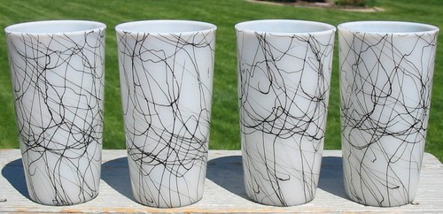 Vtg MCM Atomic Milk Glass Spaghetti String Tumbler Coaster Cocktail Carrier Set - Picture 5 of 10