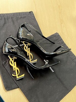 Saint Laurent Opyum YSL Logo-Heel Sandals with Golden