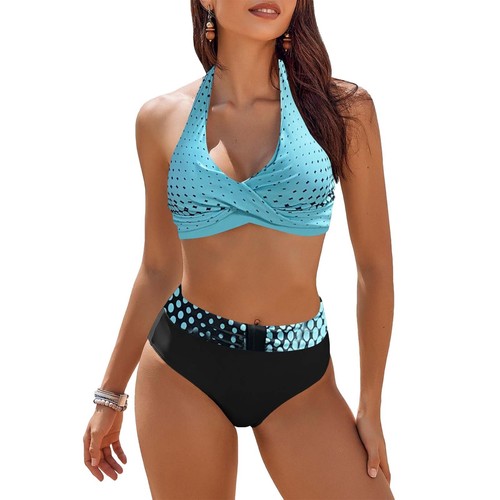 Womens Swimsuits Two Piece High Waisted Bathing Suits Color Block Bikini Sets - 第 43/57 張圖片