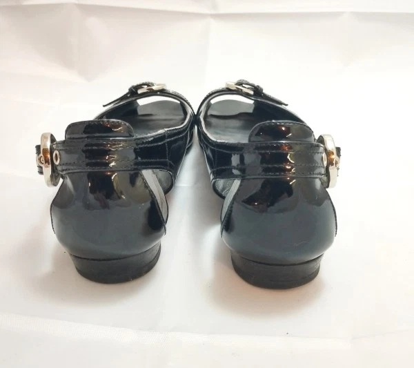 $225 Stuart Weitzman Chitchat Peep Toe Toe Buckle Ballet Flats 7.5 Gloss Black - Image 4 of 4