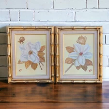 Custom Vintage Pair Set of 2 White Flowers Floral Portrait Painting Framed 16x13