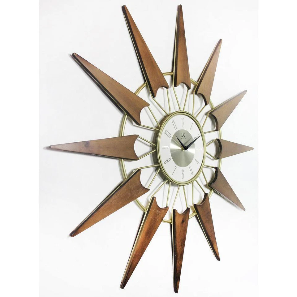 Wall Clock Starburst Wooden Rays Gold Metal Frame Open Face Midcentury Modern - Image 2 of 4