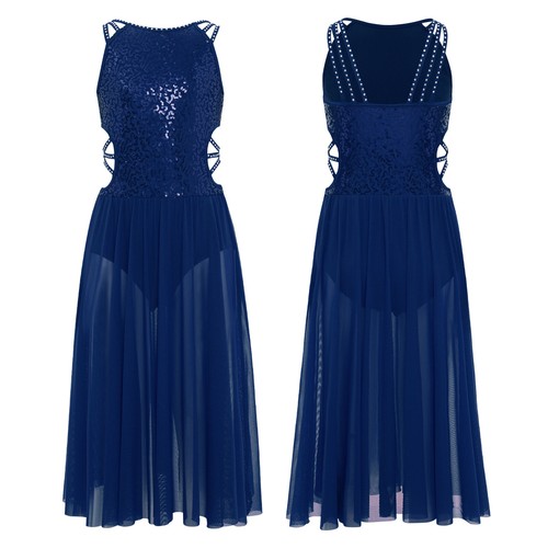 Girl Lyrical Dance Dress Modern Dancewear Sleeveless Sequins Bodice Waist Outfit - Picture 67 of 162