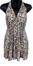 Magii Romper Womens Medium Blue Pink Floral Halter Pockets Rayon Stretch Boho