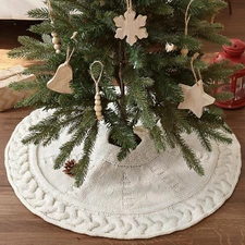 Knitted Christmas Tree Skirt: 24 Inch Mini Cream Crochet Tree Skirt, Rustic Cabl