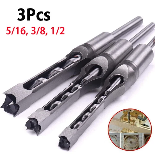 3PC Woodworking Square Hole Drill Bit Set Mortising Saw Mortise Chisel Drill Bit