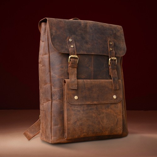 Men's Vintage Style Real Genuine Leather Bag Rucksack Laptop Backpack Brown Bag - Picture 2 of 8