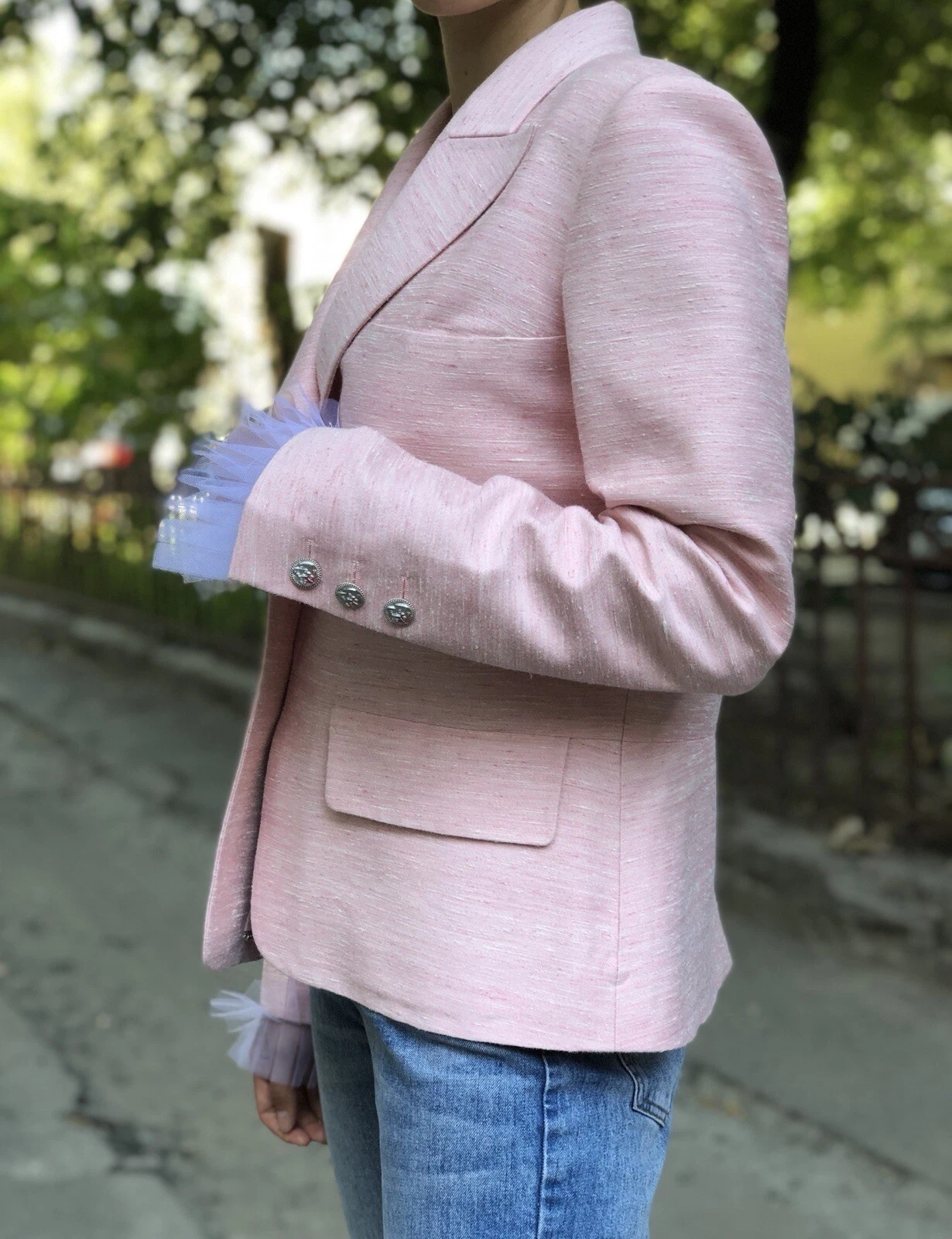 Blazer Favoloso Autentico Chanel Cuba Runway Rosa Seta Logo Bottoni Taglia 44