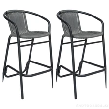 2 PACK All Weather Restaurant Barstool With Gray PE Rattan & Black Metal Frame