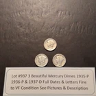 Lot #937 3 Beautiful US Mercury Dimes 1935-P 1936-P 1937-D F-VF See Pictures