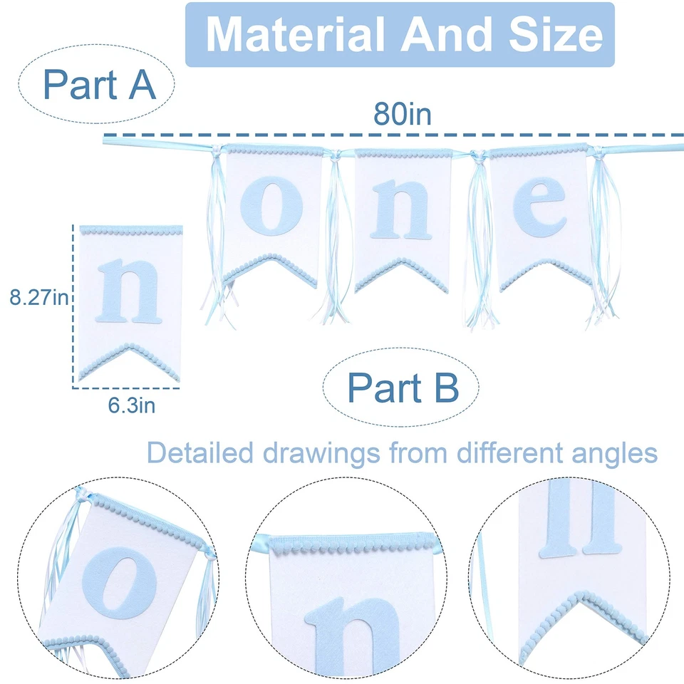 Sombrero y banner de trona de primer cumpleaños para niños - decoración de fiesta azul y gris (... Foto 2 de 4