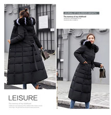 Women's Long Quilted Down Warm Jacket Winter Hooded Puffer Fur Collar Parka Coat