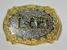 Western Belt Buckle Horse Praying Cowboy at Cross Silver Gold Electroplate Shiny