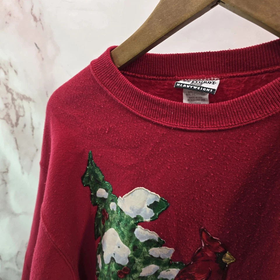 Vintage Christmas Sweatshirt Womens Large 90s Holiday Crewneck Holly Cardinal - Image 2 of 4