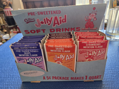 Vintage Collins Jolly Aid Store Display 48 Unopened Drink Mix Packets Display 5¢