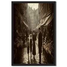 Vintage Street Market Framed Canvas Print Retro City Life Wall Art Decor