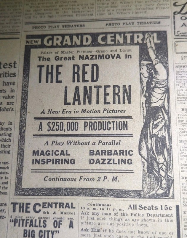 MAY 19, 1919 NEWSPAPER PAGE #1378- NAZIMOVA IN "THE RED LANTERN" MOVIE AD