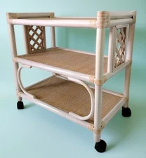 White Washed Bamboo Rattan Wicker Wheeled Serving Side Cart Palm Beach Tiki MCM