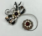 Vintage Goldtone & Red Lucite/Rhinestone Bow/Flower Brooch