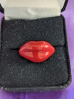 Vintage Sterling 925 Silver & Red Enamel Lips Ring Size 8