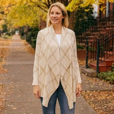 H by Halston Cream Windowpane Plaid waterfall front cardigan