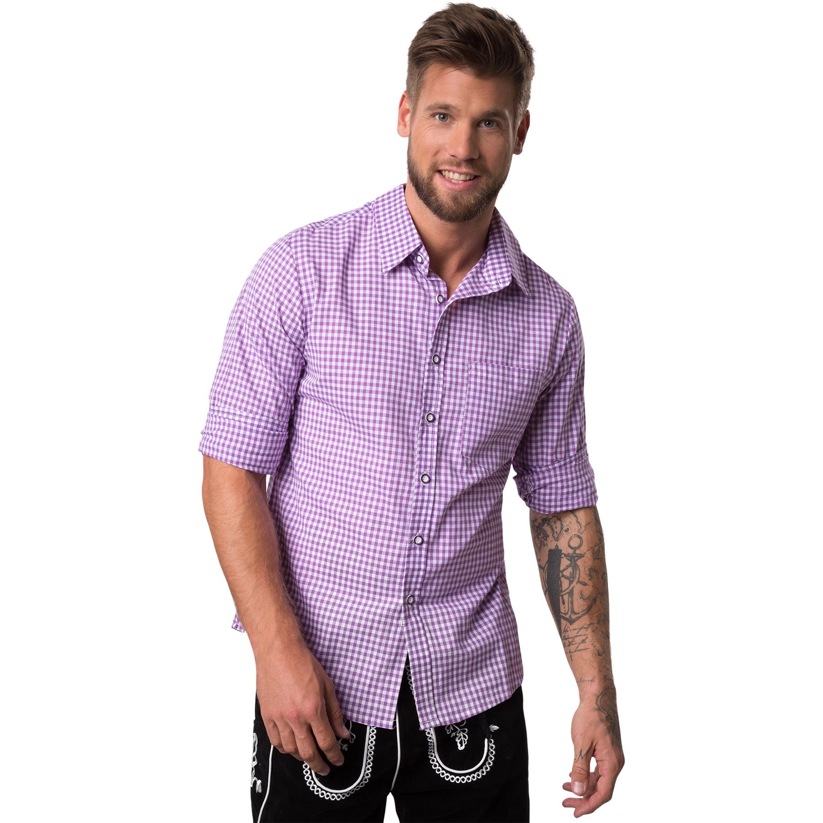 Oktoberfest Herren Hemd Trachtenhemd - Karo Blau Mit Stickerei & Liegekragen