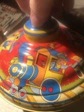 Vintage Ohio Art Tin Litho Spinning Top With Train Motif And  Sound  9.5  Tall