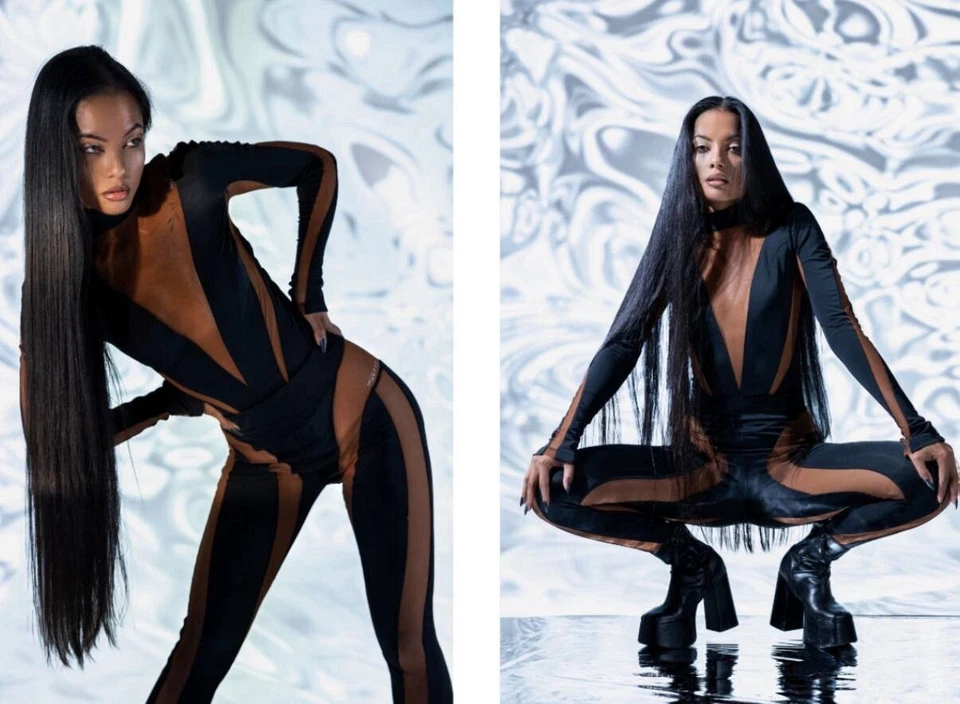 Leggings Mugler x H&M marroni neri con pannelli a rete taglia US14 EUR46 - Immagine 2 di 4