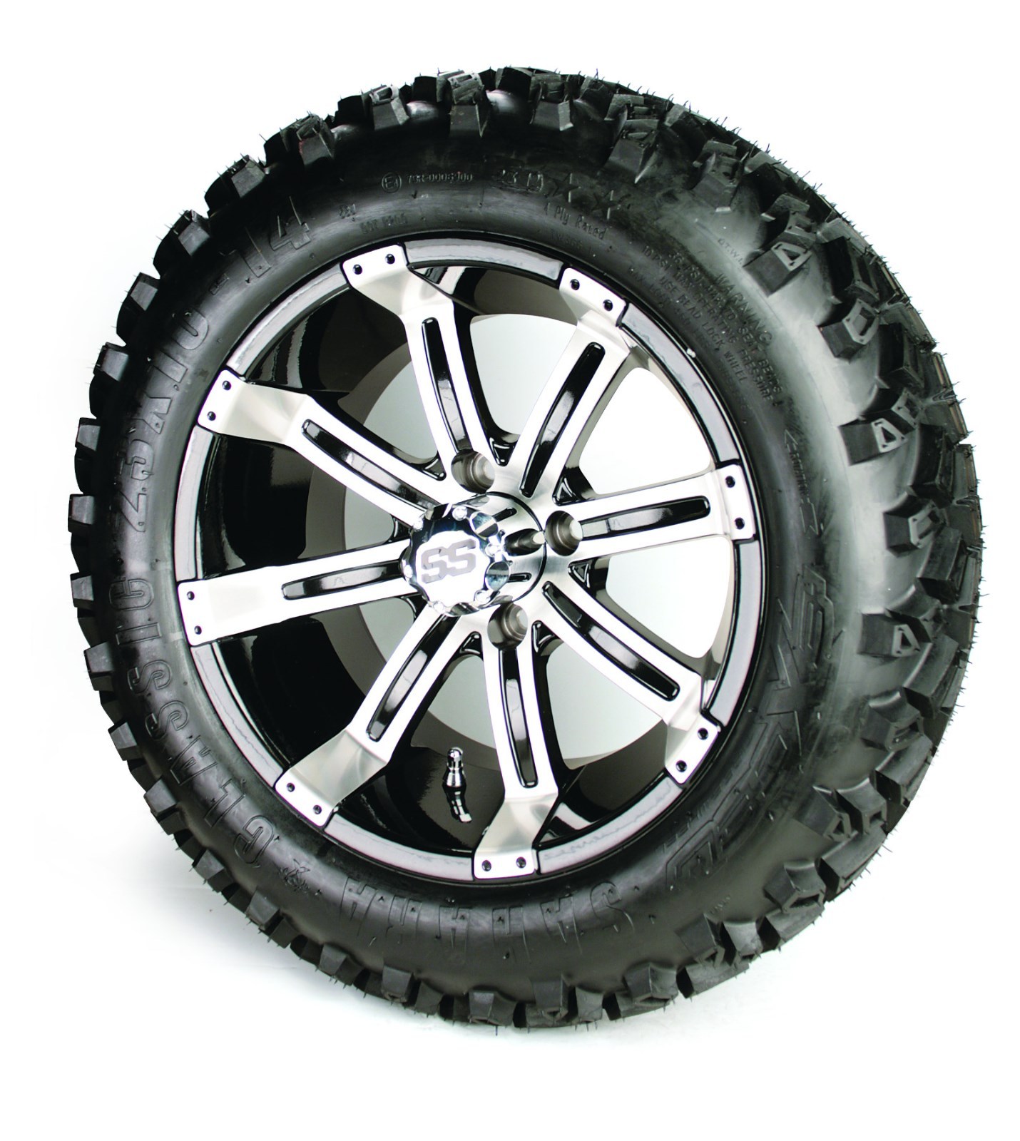 Set of 4 14 inch Tempest Black/Silver Wheels & 23 inch A/T Golf Cart
