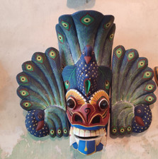 12 Inches Sri Lankan Handcrafted Wood Carved Peacock Mask Wall Hanging Art Decor
