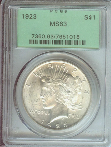 1923 PEACE SILVER DOLLAR  PCGS MS63 OGH OLD GREEN HOLDER  BEAUTIFUL