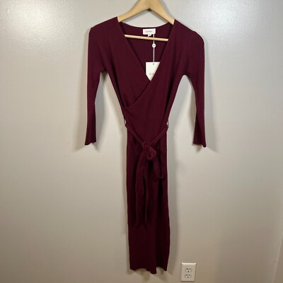 Bohme Ledger Sweater Dress Size XS Burgundy Midi Bodycon Tie Waist Ribbed