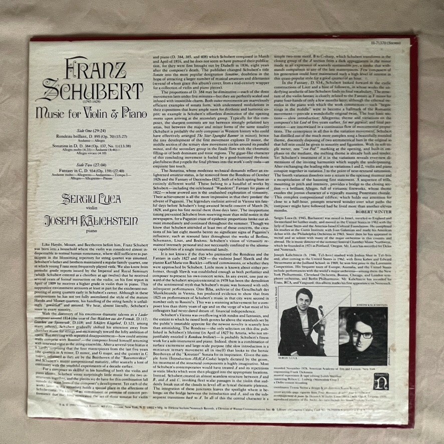 SCHUBERT Music For Violin & Piano 1980 Nonesuch H-71370