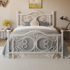 Metal Platform Twin/Full/Queen Bed Frame with White Headboard & Footboard