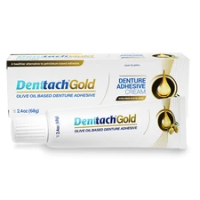 Denttach Gold Denture Adhesive, Strong Petroleum and Zinc Free Olive Oil 2.4 Oz.