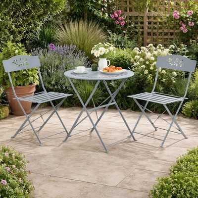 3tlg. Grau Blatt Metall Garten Bistro Set Klappstühle Tisch Outdoor Terrasse Garten