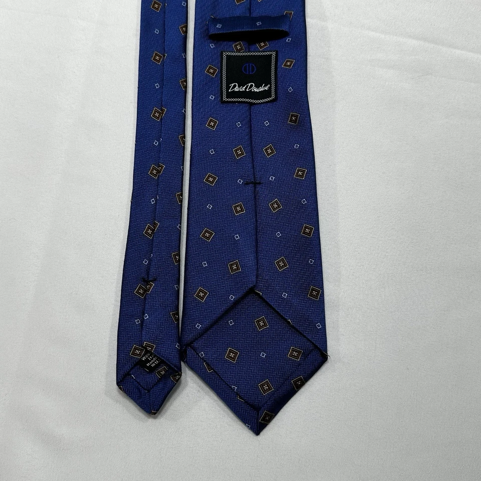 David Donahue 蓝色丝绸几何图案领带编织意大利手工制作美国 — 第 2/4 张图片