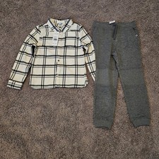 Splendid 2-Piece Flannel Jogger Set Kids Size 6 Charcoal Cream NEW Plaid Shirt